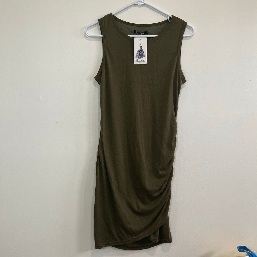 BTFBM Sleeveless Ruched Dress Size S NWT Olive Green Bodycon Knee Length